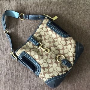 Coach signature hobo handbag w/ blue leather trim